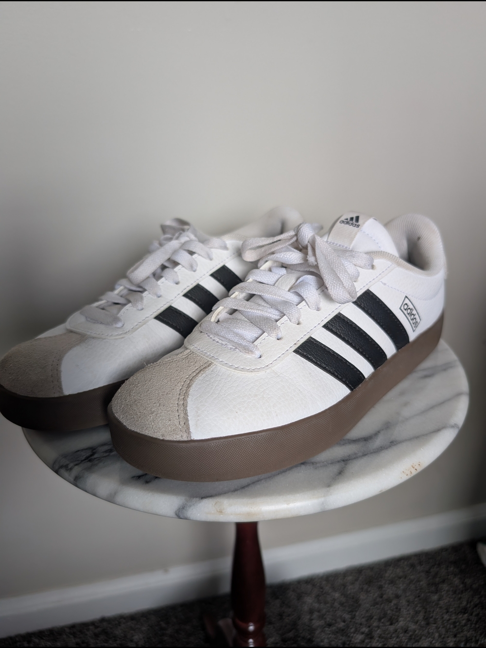 Adidas White Sneakers with Black Stripes and Brown Gum Sole